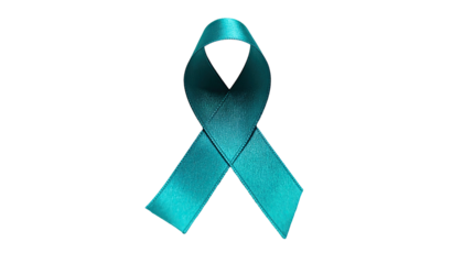 Teal ribbon, symbol of support and awareness, stands out against stark black background