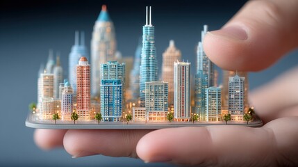 Miniature city model held in a human hand, showcasing detailed architecture and urban planning with a focus on skyscrapers and design.