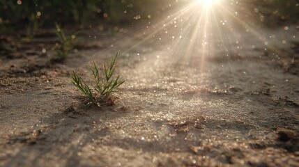 Tiny green plant sprouts from sandy ground, sunbeams