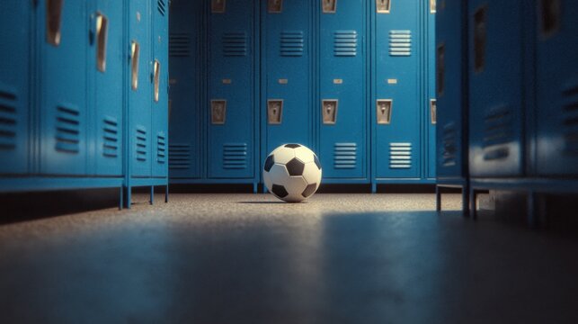 A classic black and white soccer ball resting on the floor of a blue locker room with benches