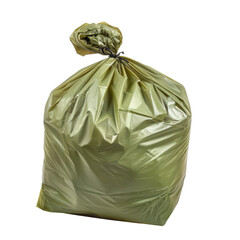 Tightly sealed green garbage bag ready for disposal on a clean