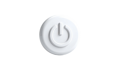 A 3D rendered, white power button icon floating against a solid black background