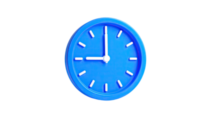 Bright blue wall clock displaying nine o'clock against a stark black background