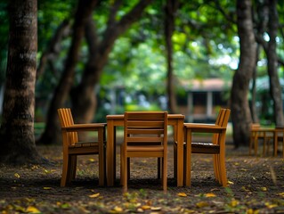 Obraz premium Serene Wooden Table and Chairs in Lush Green Park Setting