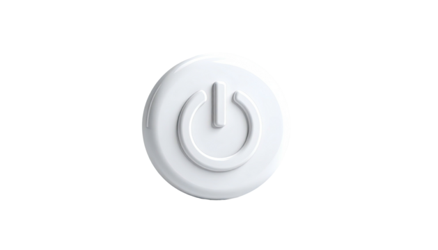A 3D rendered, white power button icon floating against a solid black background