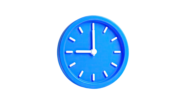 Bright blue wall clock displaying nine o'clock against a stark black background