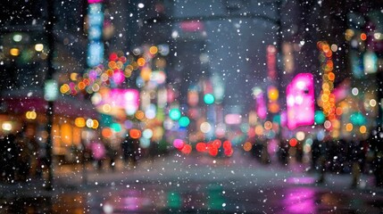 Snowy city night scene: blurred lights twinkle through falling snow, creating a magical winter atmosphere on city streets.