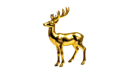 Golden statue of a deer with large antlers on a black background, shiny and elegant