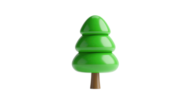 A vibrant green, 3D cartoon fir tree against a solid black background