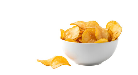 A clean image of crispy potato chips in a white bowl on white background.