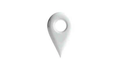 A glossy white location pin with a rounded top and sharp bottom on black background