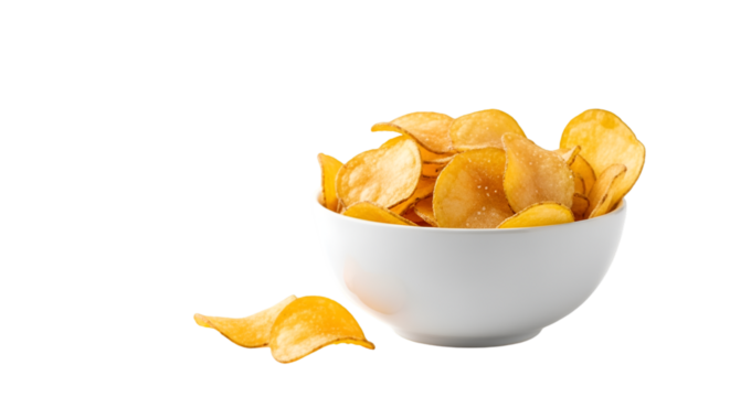 A clean image of crispy potato chips in a white bowl on white background.