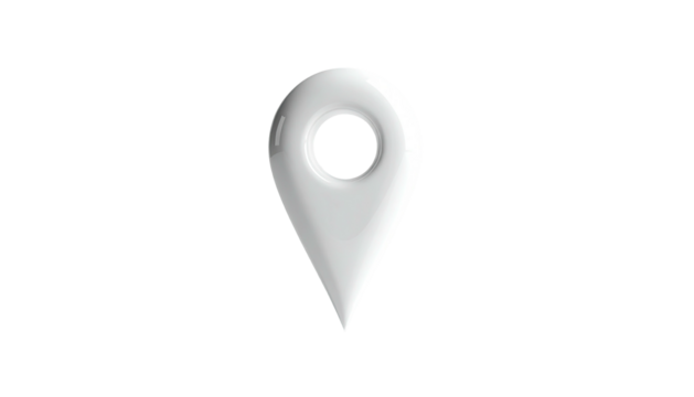 A glossy white location pin with a rounded top and sharp bottom on black background
