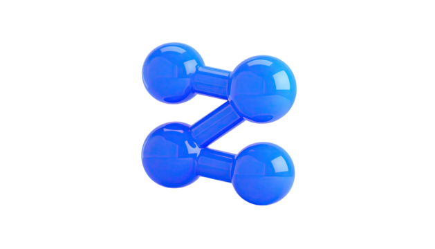 Glossy blue geometric shape of interconnected spheres, isolated on black