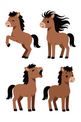 Set of cute horse cartoon characters. Collection of adorable brown horses and ponies in various poses: rearing, standing, and yawning. Funny farm or wild animal vector illustrations.