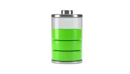 Cylindrical transparent container showing partially charged battery level with green segments