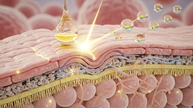 Vitamin absorption through skin layers, showing the process of nutrient delivery and skin health on white background
