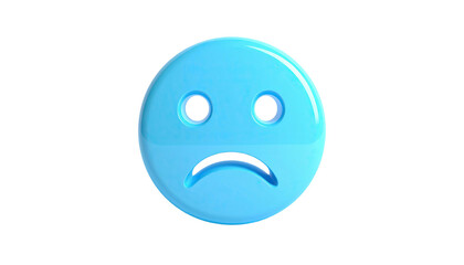 A 3D, light blue, glossy emoji with a sad expression on a black background