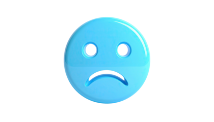 A 3D, light blue, glossy emoji with a sad expression on a black background