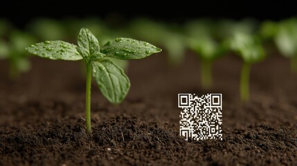 Newly Sprouted Plants Growing in Rich Soil With a QR Code Placed Nearby in a Dark Environment