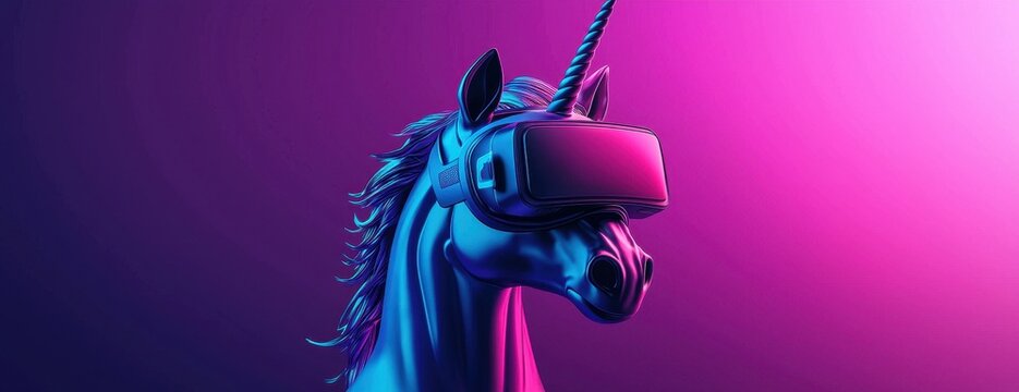 Futuristic Unicorn Wearing Virtual Reality Headset in Neon Colors