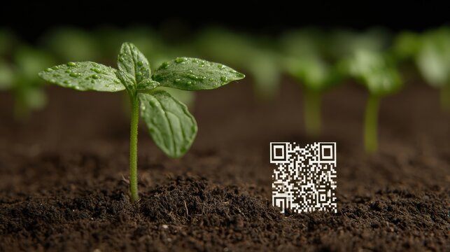 Newly Sprouted Plants Growing in Rich Soil With a QR Code Placed Nearby in a Dark Environment