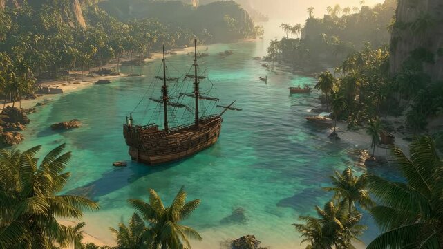 Old wooden pirate ship anchored in a turquoise bay, stylized painting style, tropical island background, concept of exploration and adventure