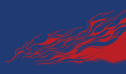 Hand drawn Japanese inspired flame background with flowing red fire lines on deep blue. Minimalist composition capturing energy and motion in traditional art style. © LineHarvest 