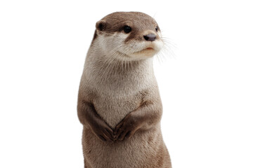 A charming otter stands upright with paws clasped, looking curiously to the side. Its light brown fur pops against the stark transparent background. background removed