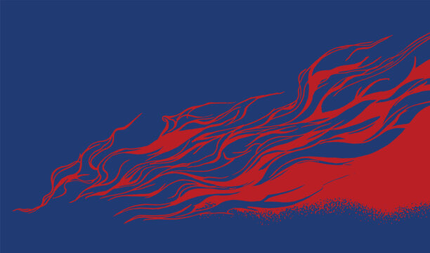 Hand drawn Japanese inspired flame background with flowing red fire lines on deep blue. Minimalist composition capturing energy and motion in traditional art style.