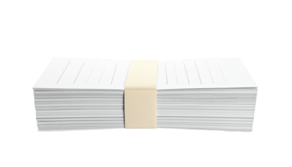 Stack of white papers tightly bound with a cream-colored strap