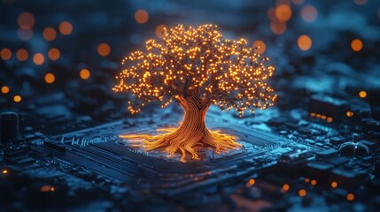 Glowing tree grows on circuit board with abstract blue background
