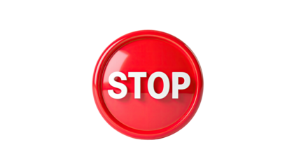 A glossy red circular button with "STOP" in white text on a black background