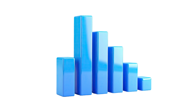 Glossy blue 3D bar graph against a black background, showing data trends