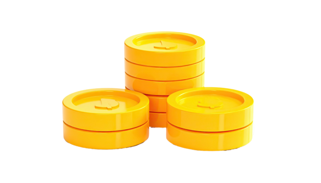 Rendered image of three stacks of gold-colored coins on a stark black background