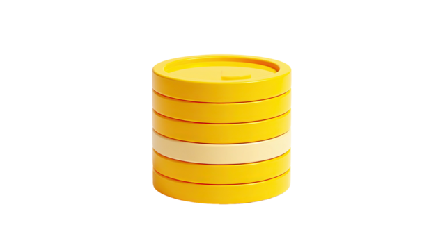 Stack of yellow circular objects, with a lighter band, on black background