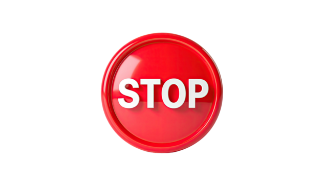 A glossy red circular button with "STOP" in white text on a black background
