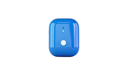 A glossy blue, rectangular device with rounded corners and a centered button