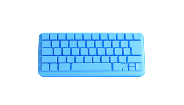 Blue, 3D rendered, minimalist keyboard floating on a black background