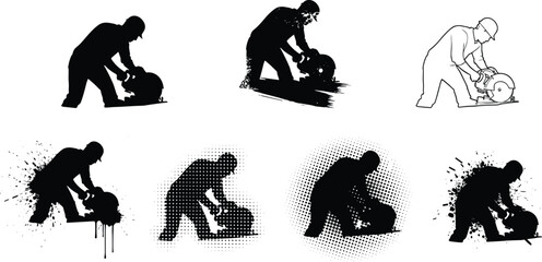 Circular saw operation, woodworking safety, construction worker, power tool usage, cutting wood, carpentry technique, industrial work, DIY project, tool handling, precision cutting