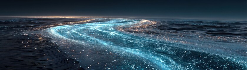 Fototapeta premium Green energy and environmental tech integrated with AI, A serene nighttime view of a glowing river, illuminated with sparkling lights against a dark backdrop, a tranquil and enchanting atmosphere