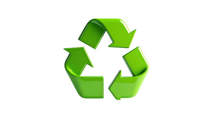 Glossy, green, triangular symbol made of arrows, signifying recycling on black