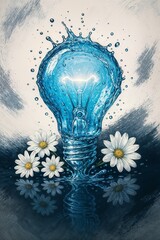 Water Splash Innovation,
Blue Bulb Creativity,
Eco Light Concept,
Liquid Energy Vision,
Aqua Power Inspiration,
Nature Technology Fusion,
Sustainable Brightness Art,
Floral Innovation Symbol