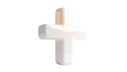 Shiny, off-white cross with rounded edges, isolated on a stark black background