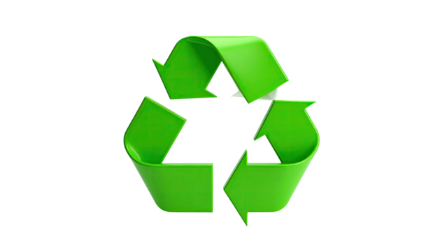 Bright green, three-arrow symbol of a circular process, on a black background