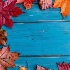 Autumn Maple Leaves on Blue Wooden Background Frame
