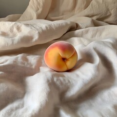 Single Peach on Beige Linen Fabric Minimalist Still Life Photography