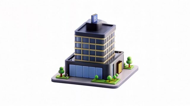 A modern building design featuring a colorful facade with trees and a sign on top.