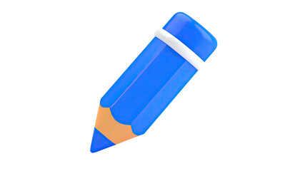 3D rendering of a blue pencil with an orange tip and white eraser band