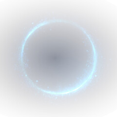 Futuristic neon swirl PNG with glowing blue ring, sparkling light, and abstract energy effects, perfect for vector illustration, digital technology projects, and fantasy backgrounds